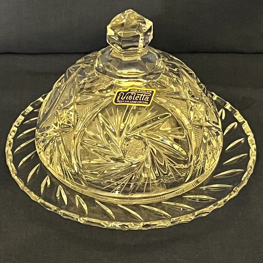 Vintage Violetta Leaded Crystal Butter Tub/Cheese Dome Pinwheel Cut Glass